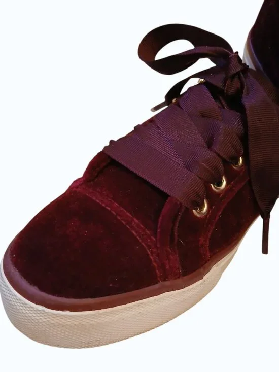 NOT RATED Red/Burgundy Velvet Gold Zipper Satin Lace Sneakers - Picture 8 of 16